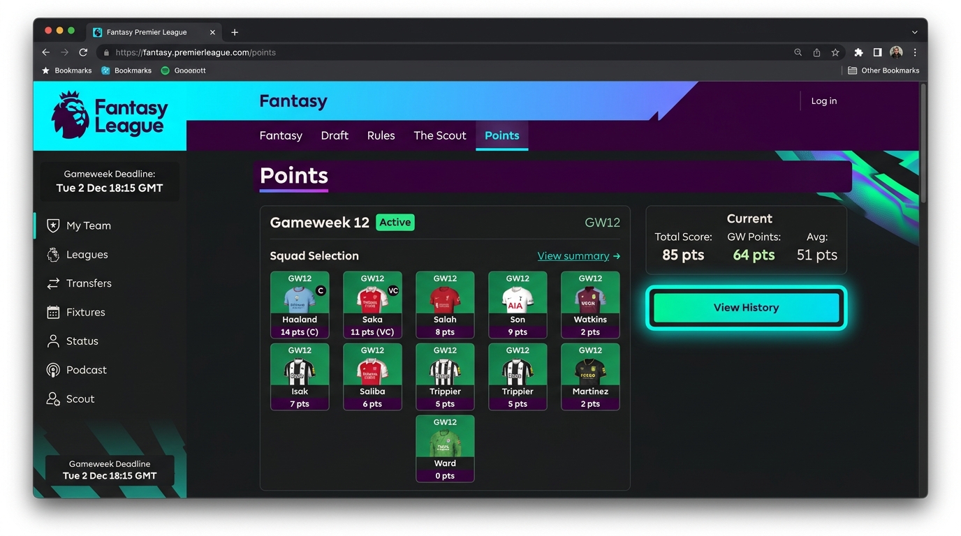 FPL Points Page - View History